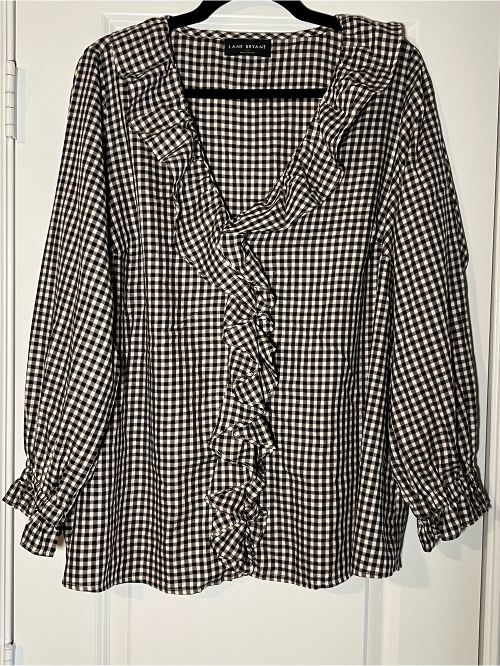 Black and White Gingham Ruffle V-Neck Blouse